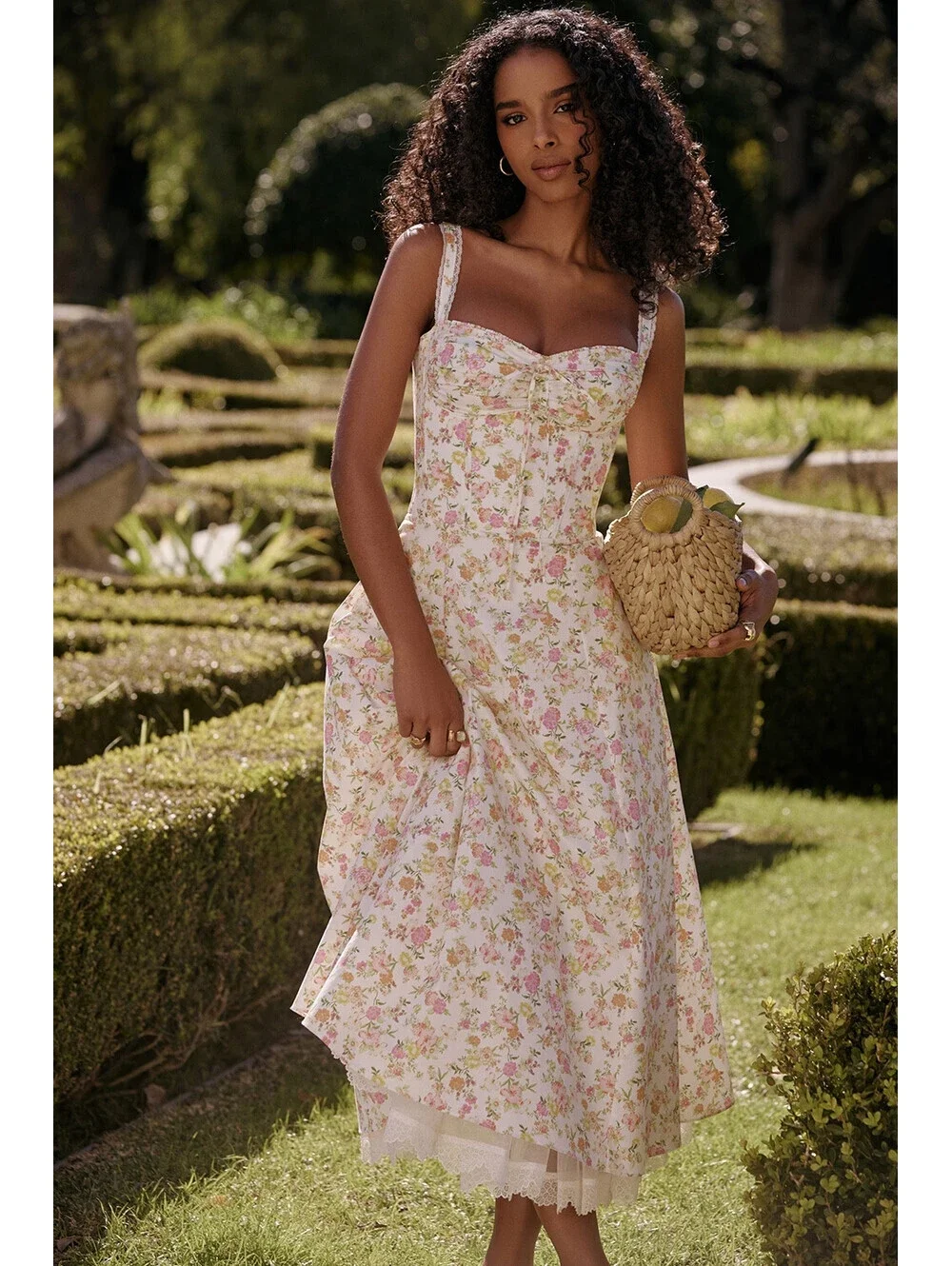 NEW, House of CB Rosalee ivory meadow print cotton bustier sundress L+ #MD2574